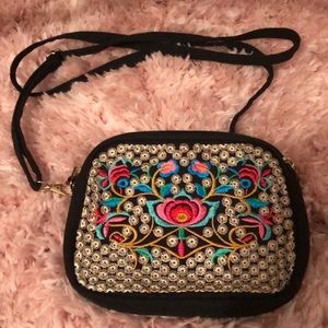 Black printed crossbody purse